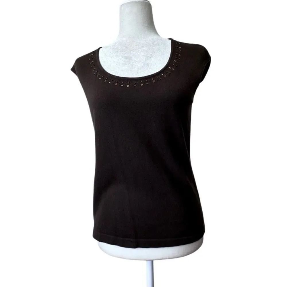 Ann Taylor Tank Top 100% Cotton Brown Beaded Sleeveless Knit SZ M